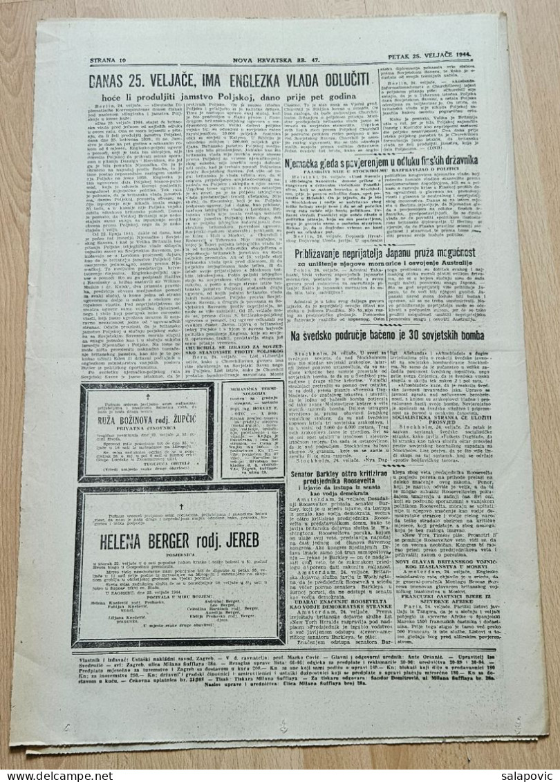 Nova Hrvatska 1944 Br. 47 NDH Croatia Ustasa Newspaper, Poglavnik U Obilasku Zagreba - Other & Unclassified