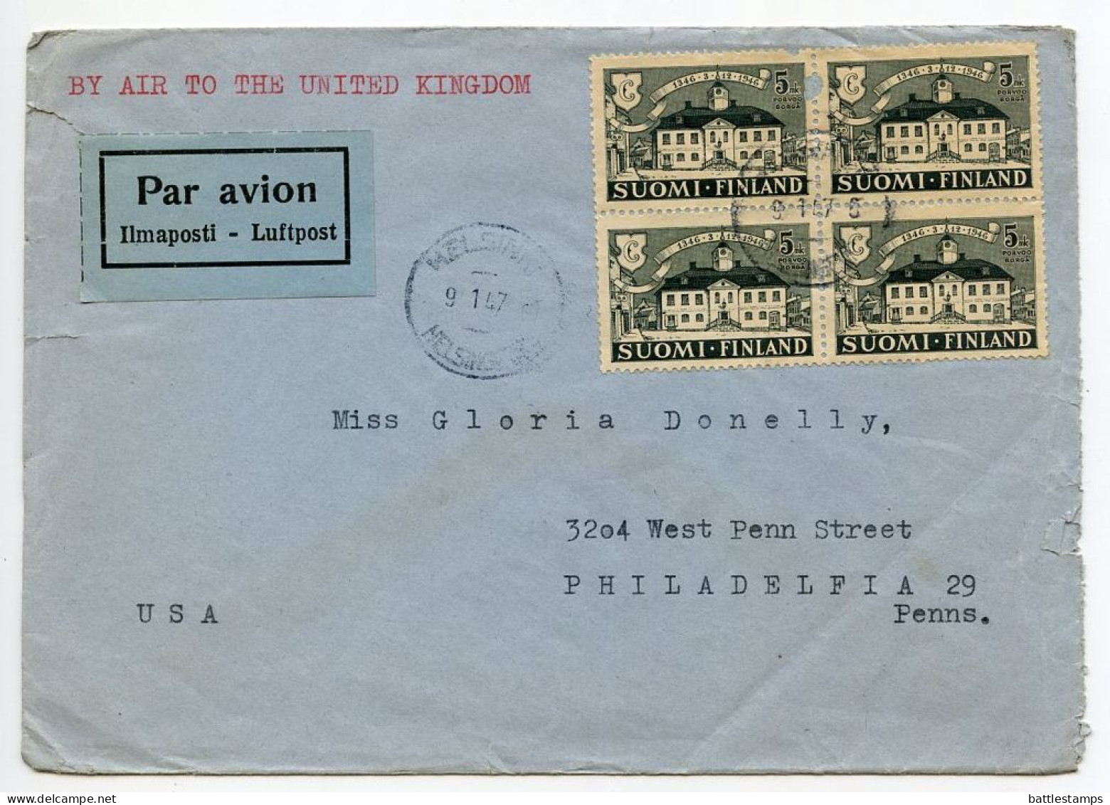 Finland 1947 Airmail Cover; Helsinki To Philadelphia PA; 5m. Porvoo Old Town Hall, Block Of Four; Christmas Seal - Storia Postale