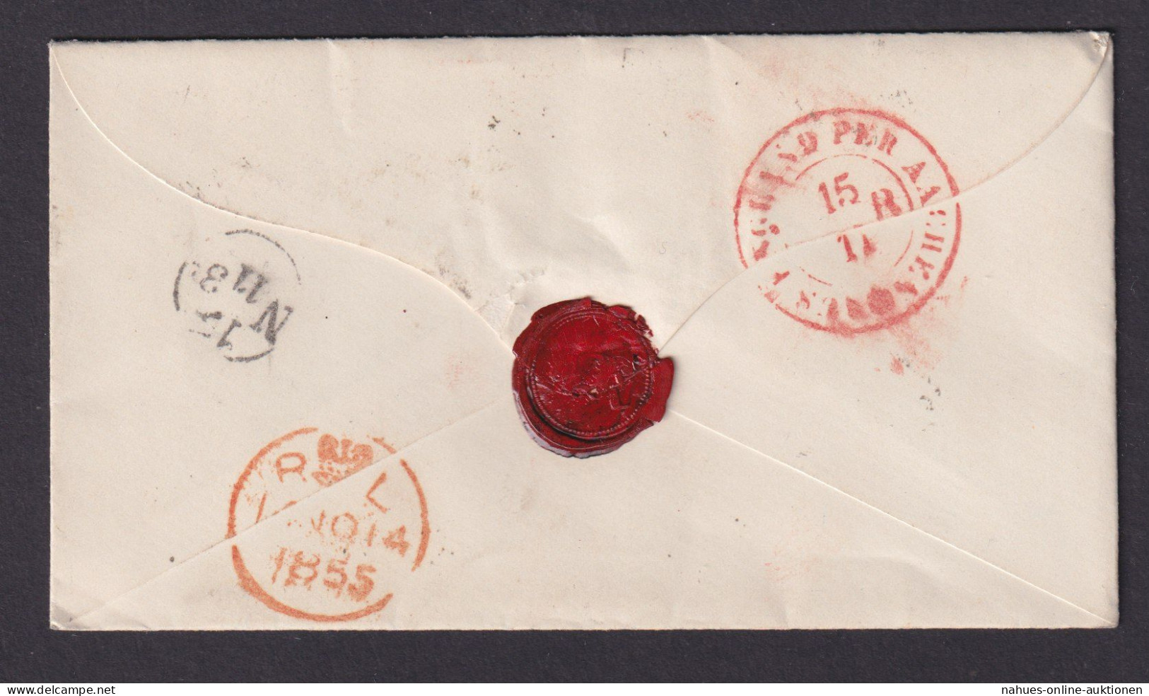 Großbritannien Brief Bradford Yorks Via Osende N. Eupen Rote K1 RL 1855 + Roter - Briefe U. Dokumente