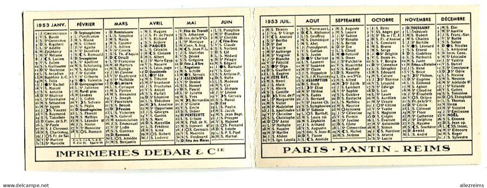 Calendrier 1953: DEBAR   Format Fermé : 108*75 Mm Dessin Suisset     VOIR  DESCRIPTIF   §§§ - Small : 1941-60