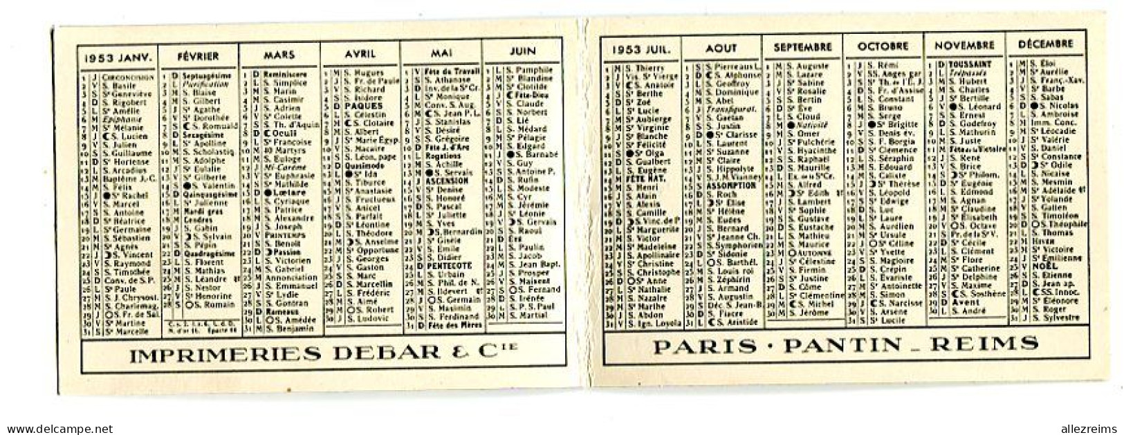 Calendrier 1953: DEBAR   Format Fermé : 108*75 Mm Dessin Suisset     VOIR  DESCRIPTIF   §§§ - Tamaño Pequeño : 1941-60