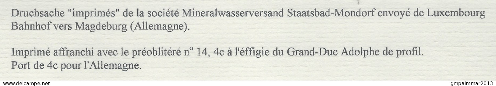 1905  LUXEMBOURG PREO Nr. 24 B  Sur Lettre à Magdeburg (ALLEMAGNE) (details & état Voir 3 Scans) ! RRRRR  LOT 314 - Voorafgestempeld