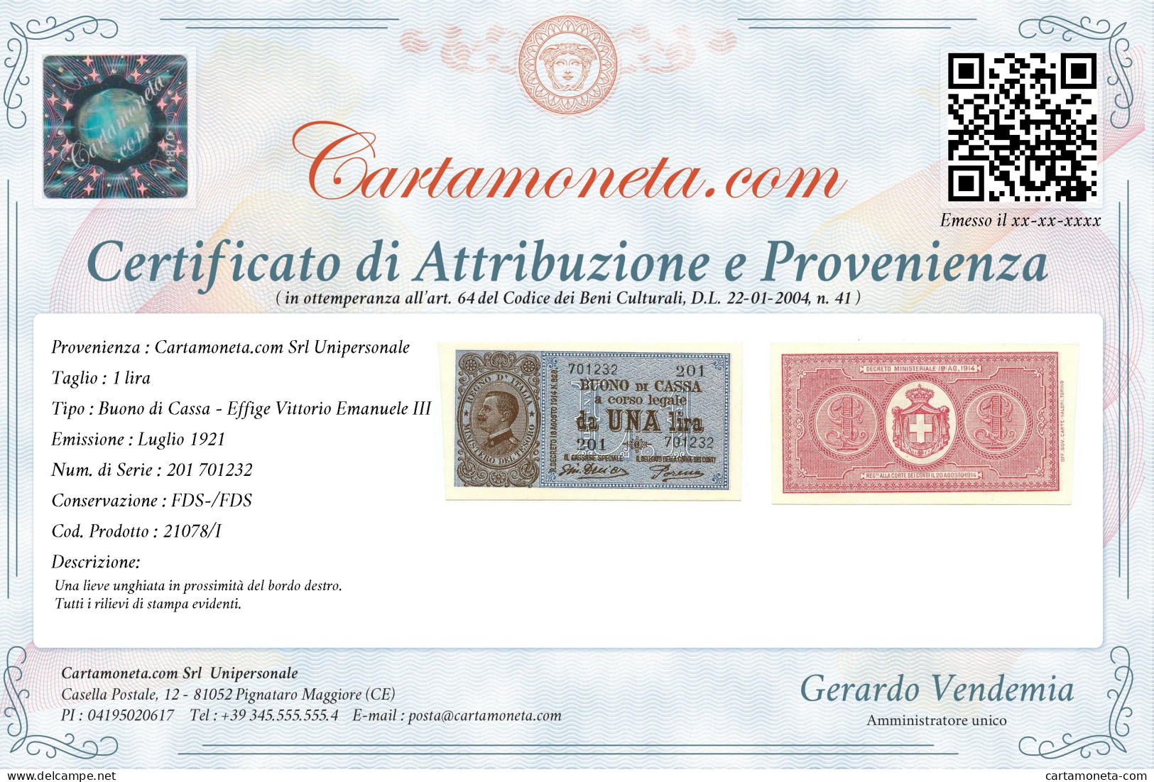 1 LIRA BUONO DI CASSA VITTORIO EMANUELE III PORENA LUGLIO 1921 FDS-/FDS - Otros