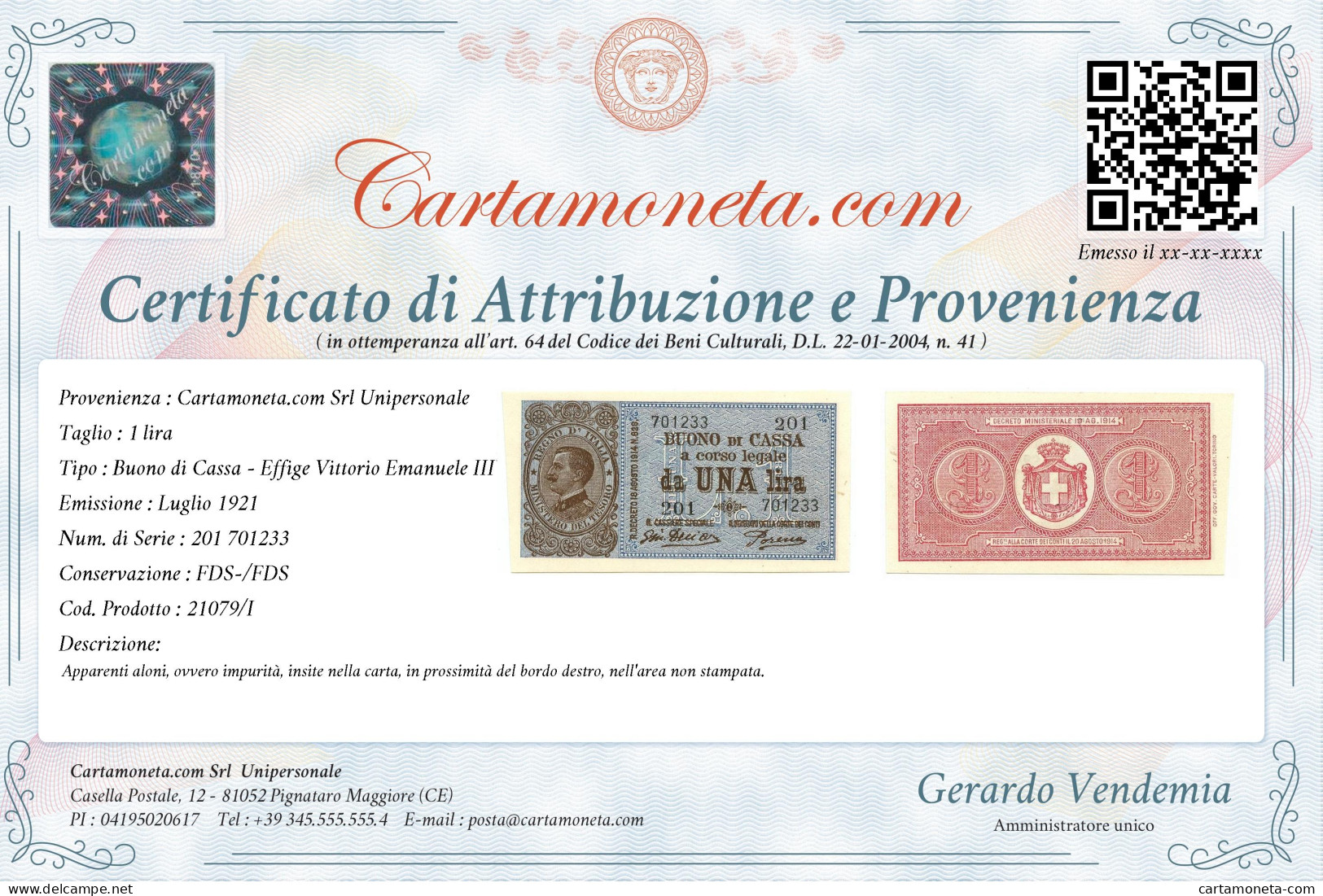 1 LIRA BUONO DI CASSA VITTORIO EMANUELE III PORENA LUGLIO 1921 FDS-/FDS - Regno D'Italia - Altri