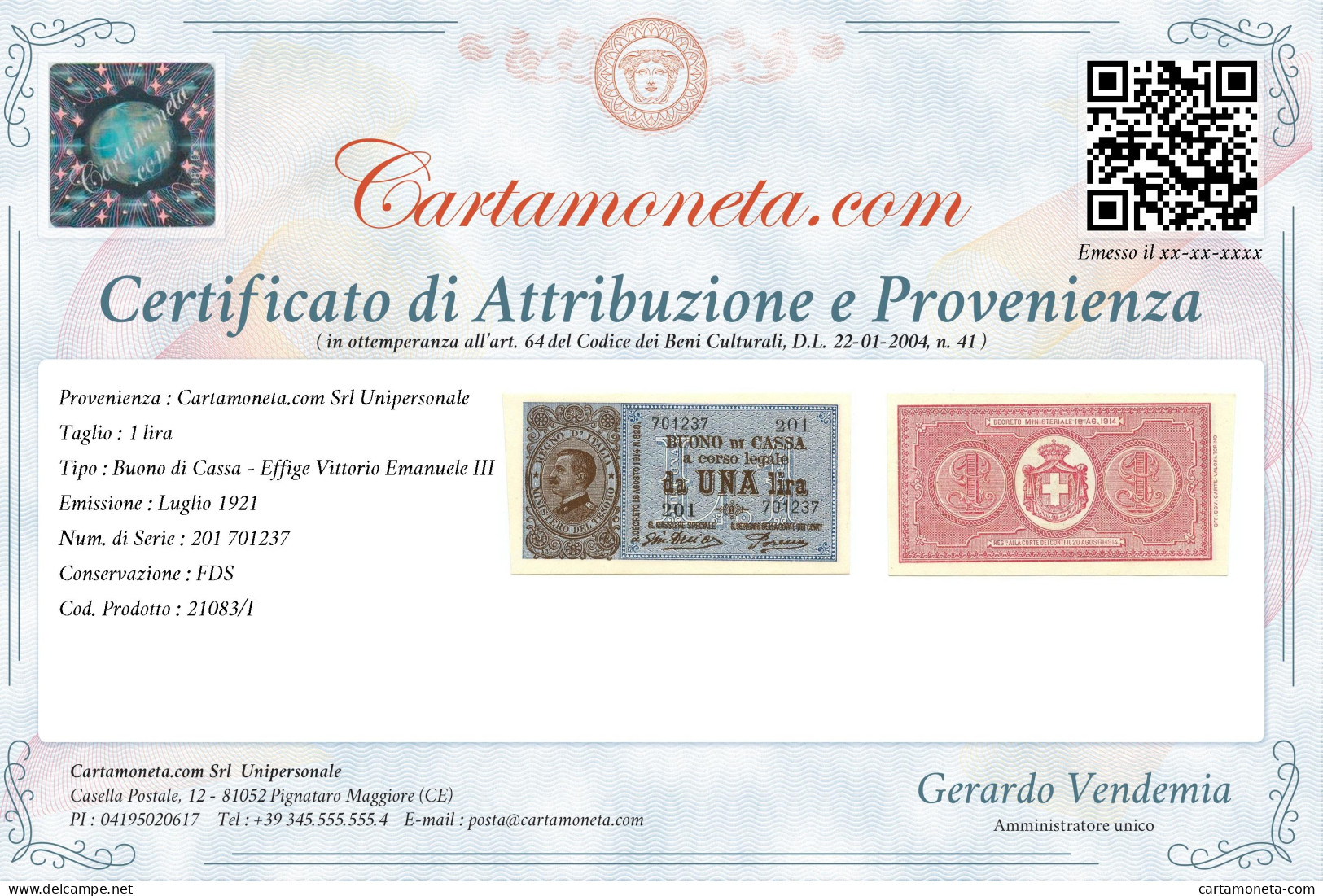 1 LIRA BUONO DI CASSA VITTORIO EMANUELE III PORENA LUGLIO 1921 FDS - Regno D'Italia – Autres