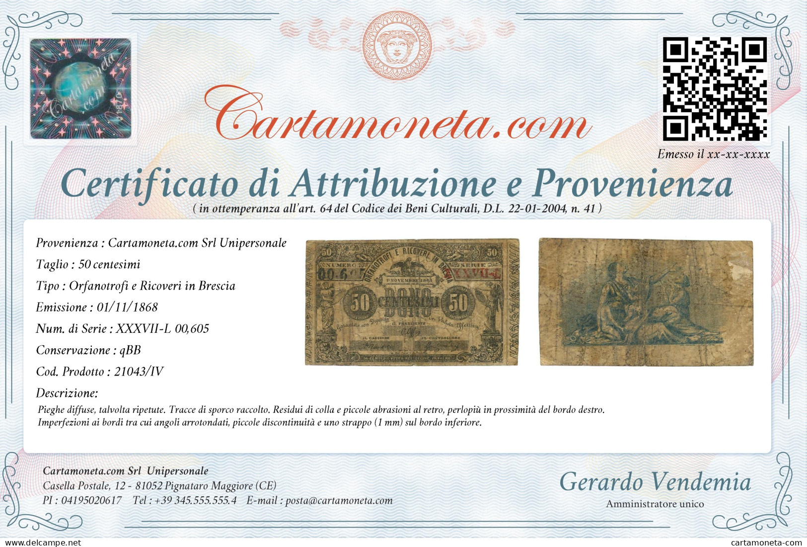 50 CENTESIMI FIDUCIARIO ORFANOTROFI E RICOVERI IN BRESCIA IV EMISSIONE 1868 QBB - Sonstige & Ohne Zuordnung