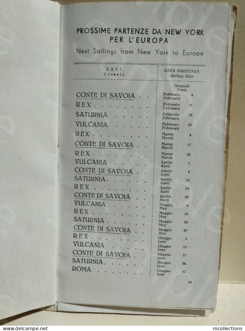 CONTE DI SAVOIA Transatlantico Orali Passenger List Lista Passeggeri Prima Classe Orari 1939. - World