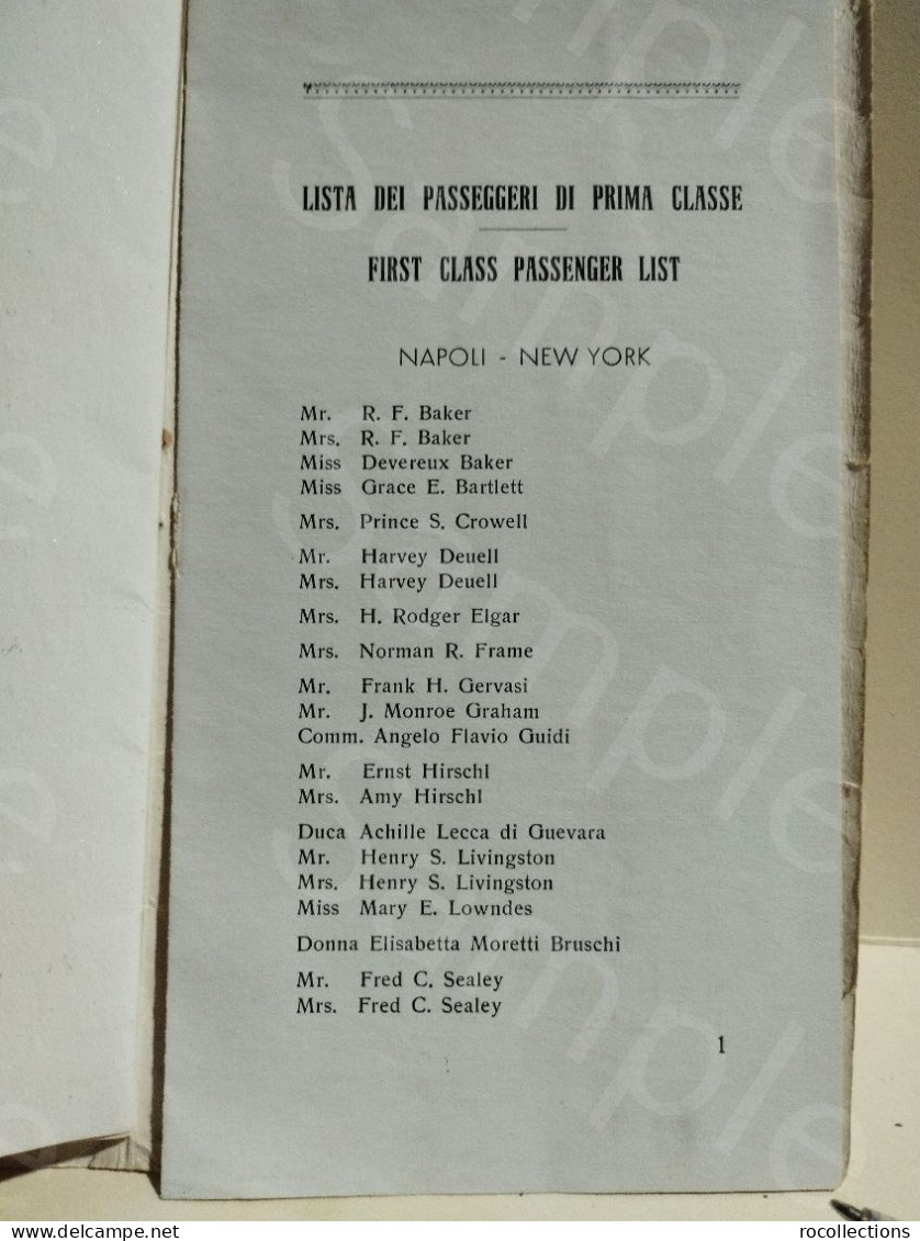 CONTE DI SAVOIA Transatlantico Orali Passenger List Lista passeggeri Prima Classe Orari 1939.