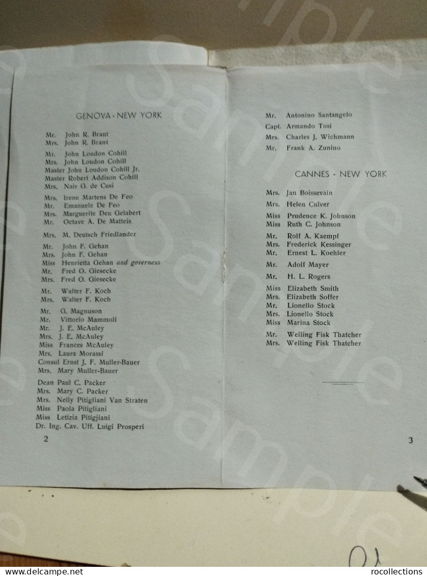 CONTE DI SAVOIA Transatlantico Orali Passenger List Lista passeggeri Prima Classe Orari 1939.