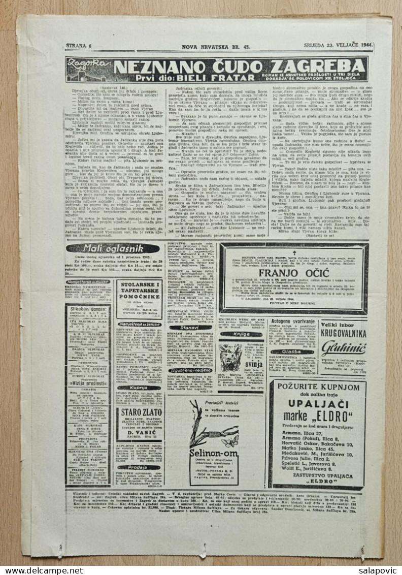 Nova Hrvatska 1944 Br. 45 NDH Croatia Ustasa Newspaper, Poglavnik Ante Pavelic - Autres & Non Classés