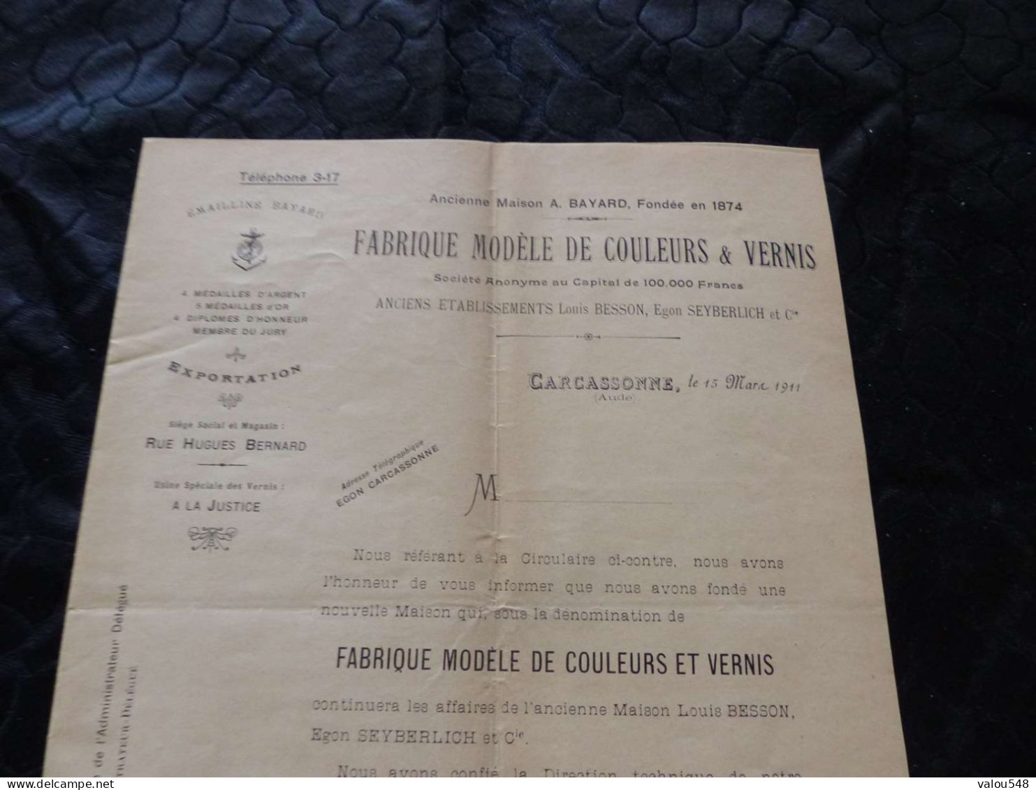 F-115 , Fabrique Modèle De Couleurs Et Vernis, émailline Bernard, Carcassonne, Mars 1911 - Perfumería & Droguería