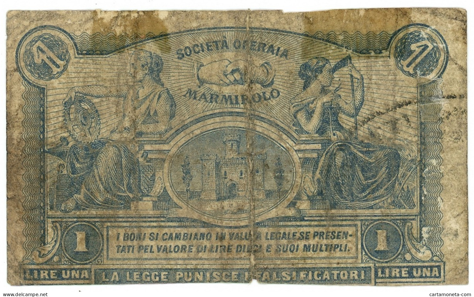 1 LIRA SOCIETÀ MUTUO SOCCORSO OPERAI ED AGRICOLI MARMIROLO MANTOVANO 1873 MB- - Other & Unclassified