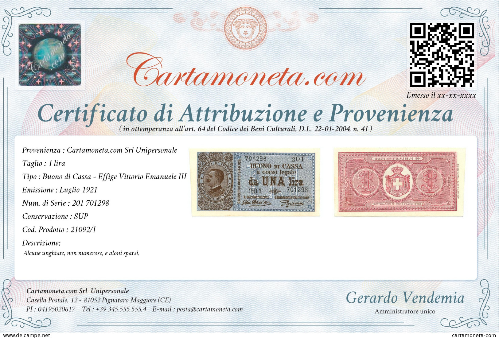 1 LIRA BUONO DI CASSA VITTORIO EMANUELE III PORENA LUGLIO 1921 SUP - Regno D'Italia – Other