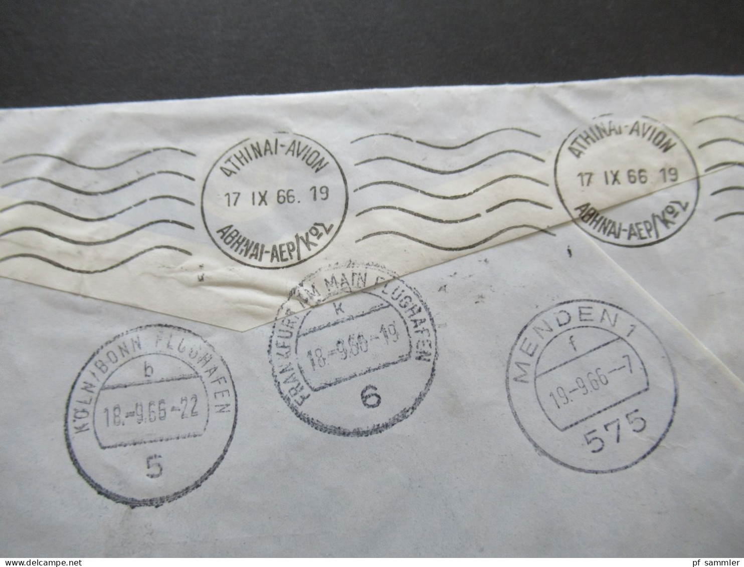 Griechenland 1966 By Air Mail Expres Athen - Menden Rückseitig 4 Stempel Köln / Bonn Flughafen Und FFM Flughafen - Briefe U. Dokumente