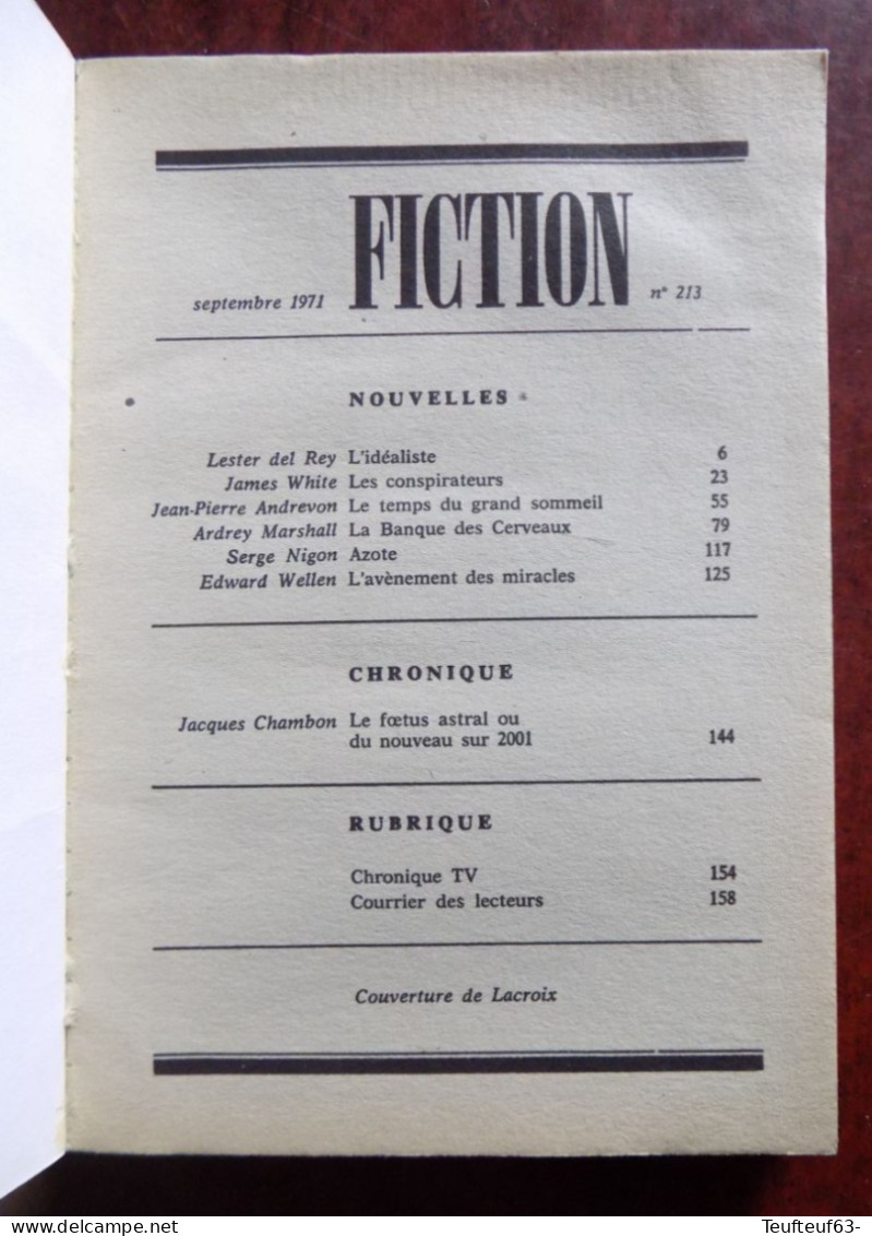 Fiction N° 213 Couv. Lacroix - Del Rey - J. White - Andrevon - Chambon... - Fictie