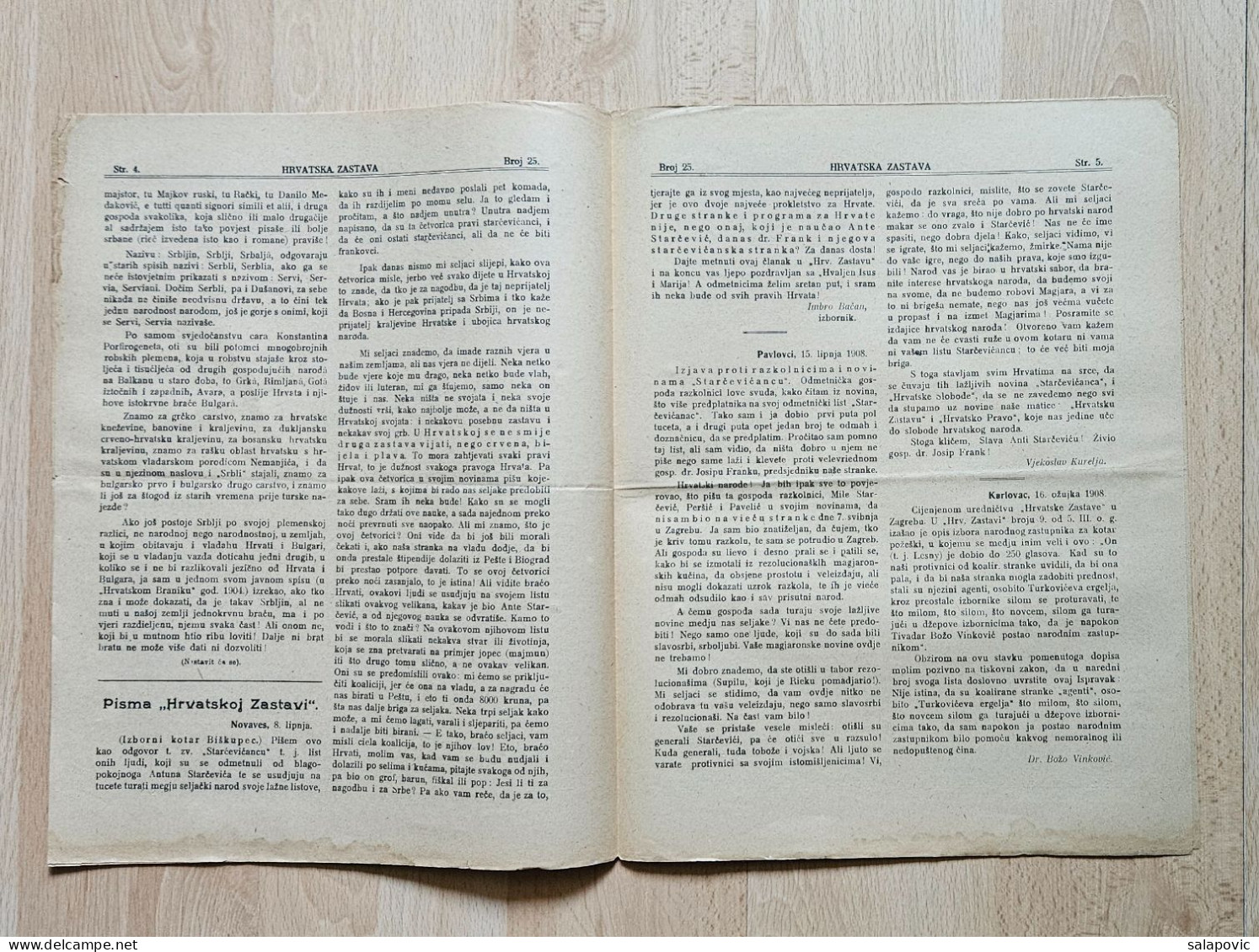 Hrvatska Zastava Pucke Novine Starceviceve Hrvatske Stranke Prava 1908 Br. 25  Croatia Newspaper - Altri & Non Classificati