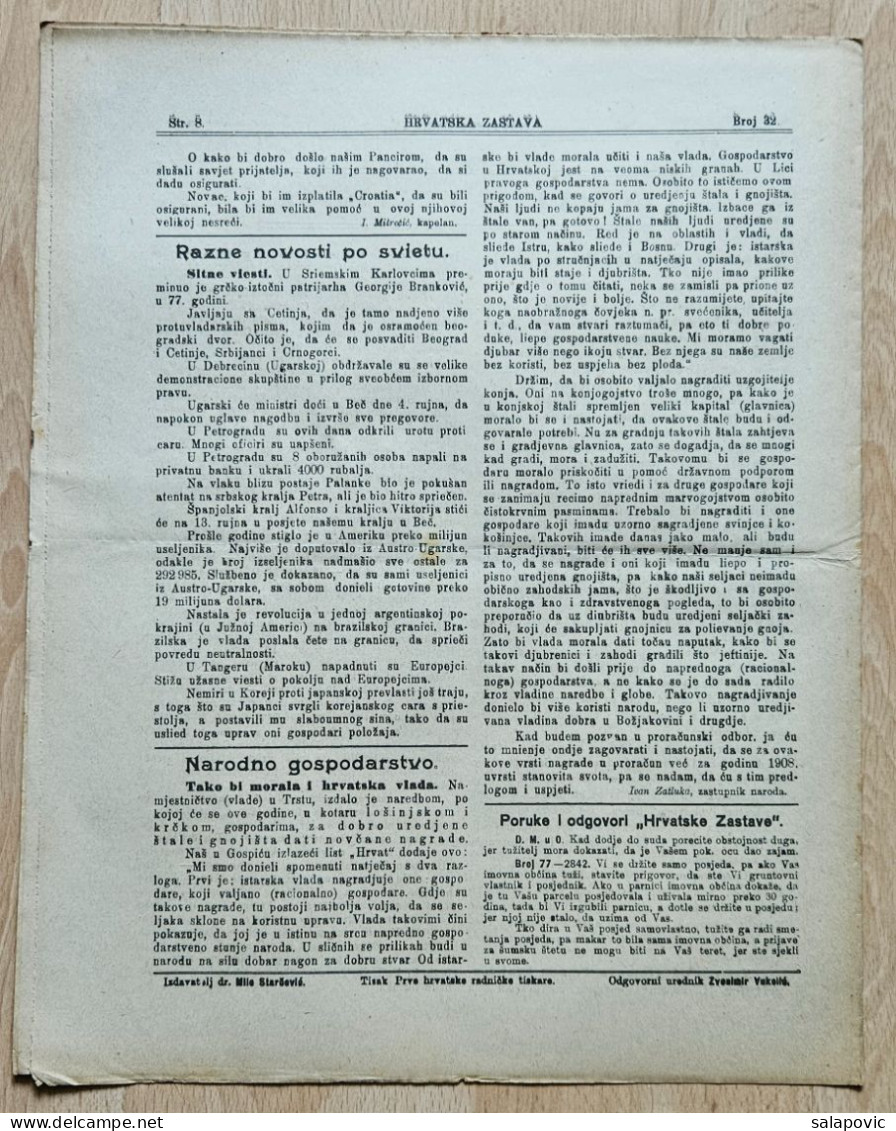 Hrvatska Zastava Pucke Novine Starceviceve Hrvatske Stranke Prava 1908 Br. 32  Croatia Ante Starcevic Newspaper - Other & Unclassified