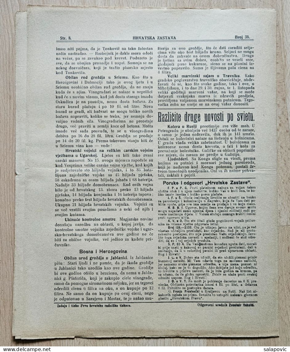 Hrvatska Zastava Pucke Novine Starceviceve Hrvatske Stranke Prava 1908 Br. 38  Croatia Ante Starcevic Newspaper - Otros & Sin Clasificación