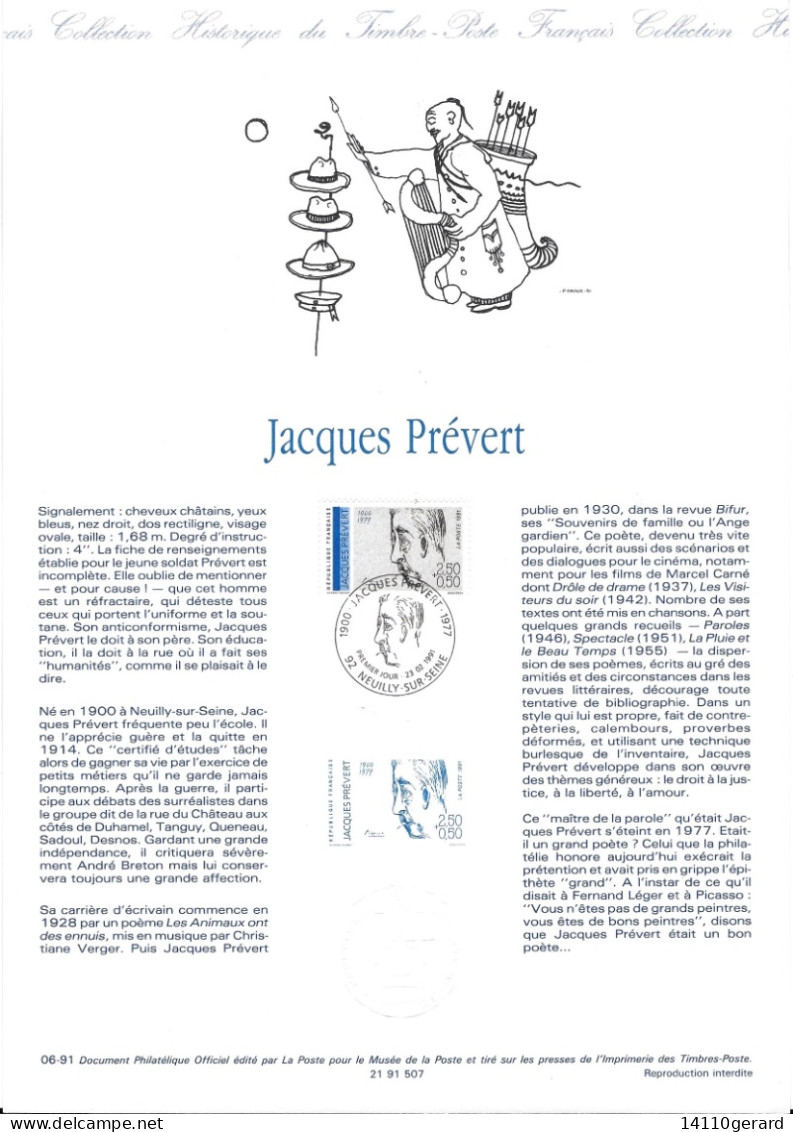 DOCUMENT PHILATÉLIQUE OFFICIEL DE LA POSTE  06-1991.  JACQUES PREVERT - Documents Of Postal Services