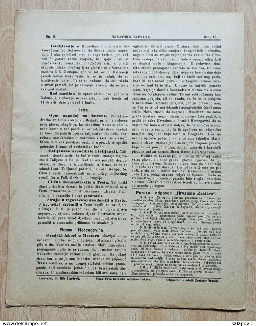 Hrvatska Zastava Pucke Novine Starceviceve Hrvatske Stranke Prava 1908 Br. 47  Croatia Ante Starcevic Newspaper - Other & Unclassified