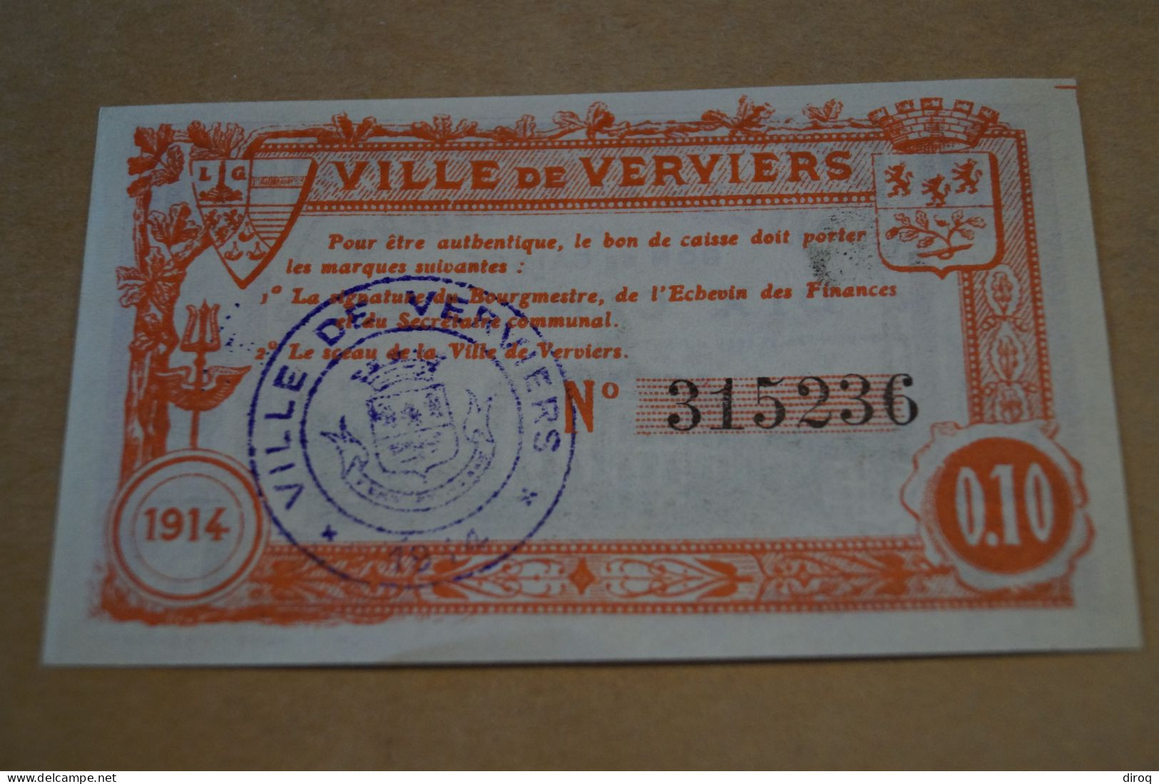 Billet,bon De Caisse 10 Centimes,ville De Verviers 1914,série N° 315236,bel état De Collection - Otros & Sin Clasificación