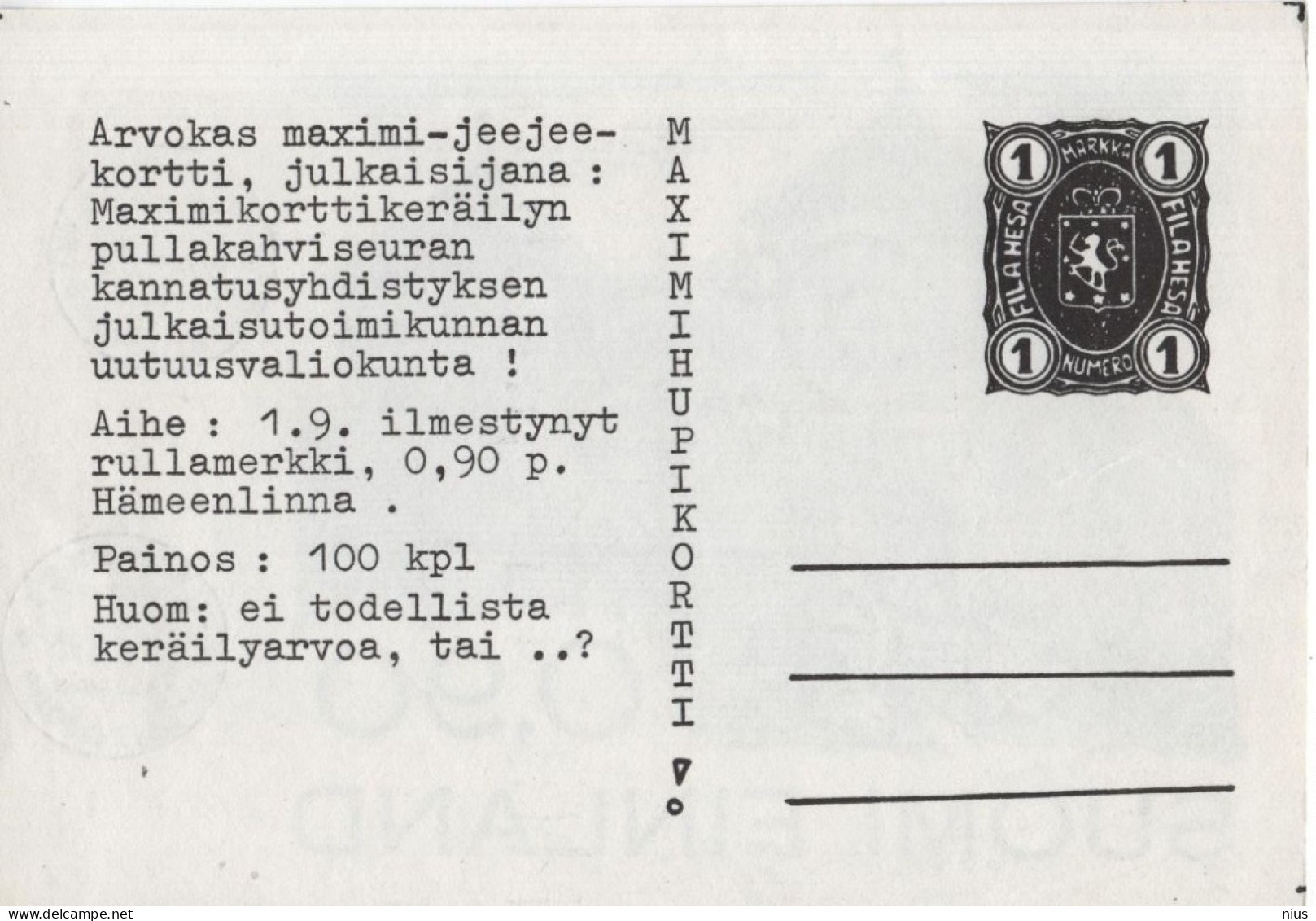 Finland Suomi 1982 Maximum Card, Häme Castle - Maximumkarten (MC)