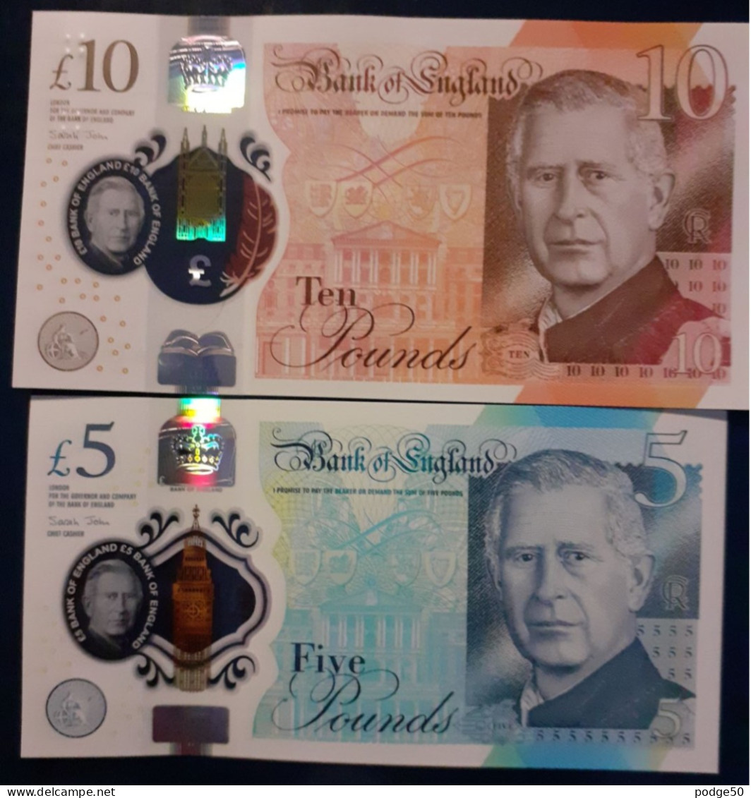 BANK OF ENGLAND UNCIRCULATED NEW CHARLES III £10 &  £5 BANKNOTES - 10 Pounds