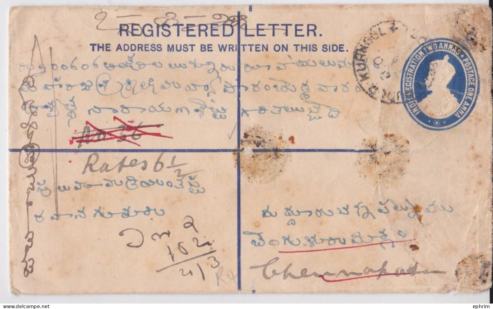 British India Raj Kurnool Lettre Recommandée Timbre King George Stamp Registered Mail Cover To Channapatna 1925 - 1911-35 Roi Georges V