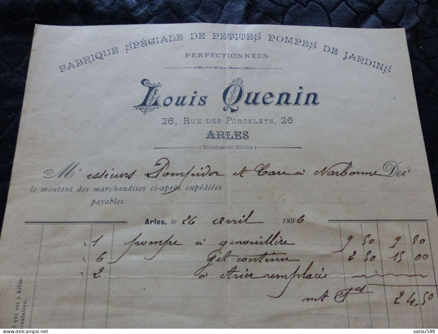 F-178 ,Facture, Fabrique Spéciale De Petites Pompes De Jardins, LOUIS QUENIN, Rue Des Porcelets, Arles, 1896 - Landbouw