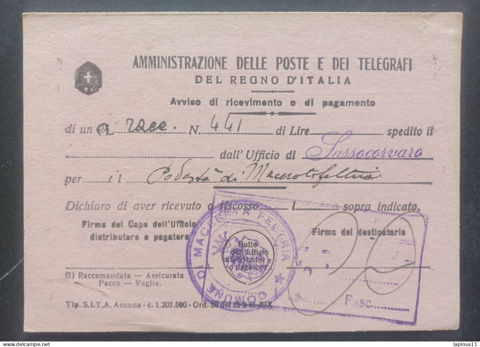 REGNO ITALIA CARTOLINA POSTALE RICEVUTA DI RITORNO POSTA RACCOMANDATA COMUNE DI PESARO SASSOCARVARO  1942 - Interi Postali