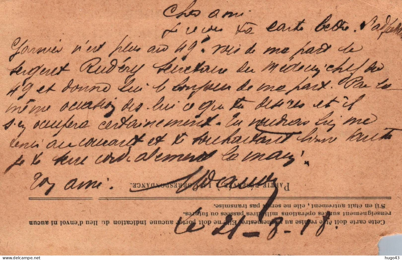 (RECTO / VERSO) CORRESPONDANCE DES ARMEES DE LA REPUBLIQUE LE 21/08/1918 - FORMAT CPA - Storia Postale