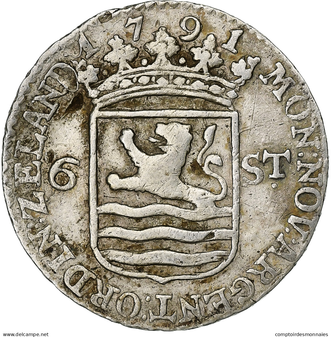 Pays-Bas, ZEELAND, 6 Stuivers, Scheepjesschelling, 1791, Argent, TB+, KM:90.2 - …-1795 : Vereinigte Provinzen