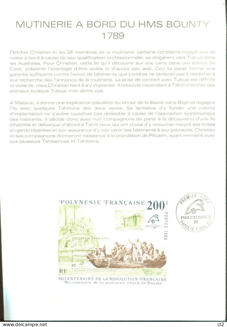 POLYNESIE - Y&t 336 Et BL15 Sur Document De La Poste - Bicentenaire De La Révolution Et De La Mutinerie Du Bounty - Lettres & Documents