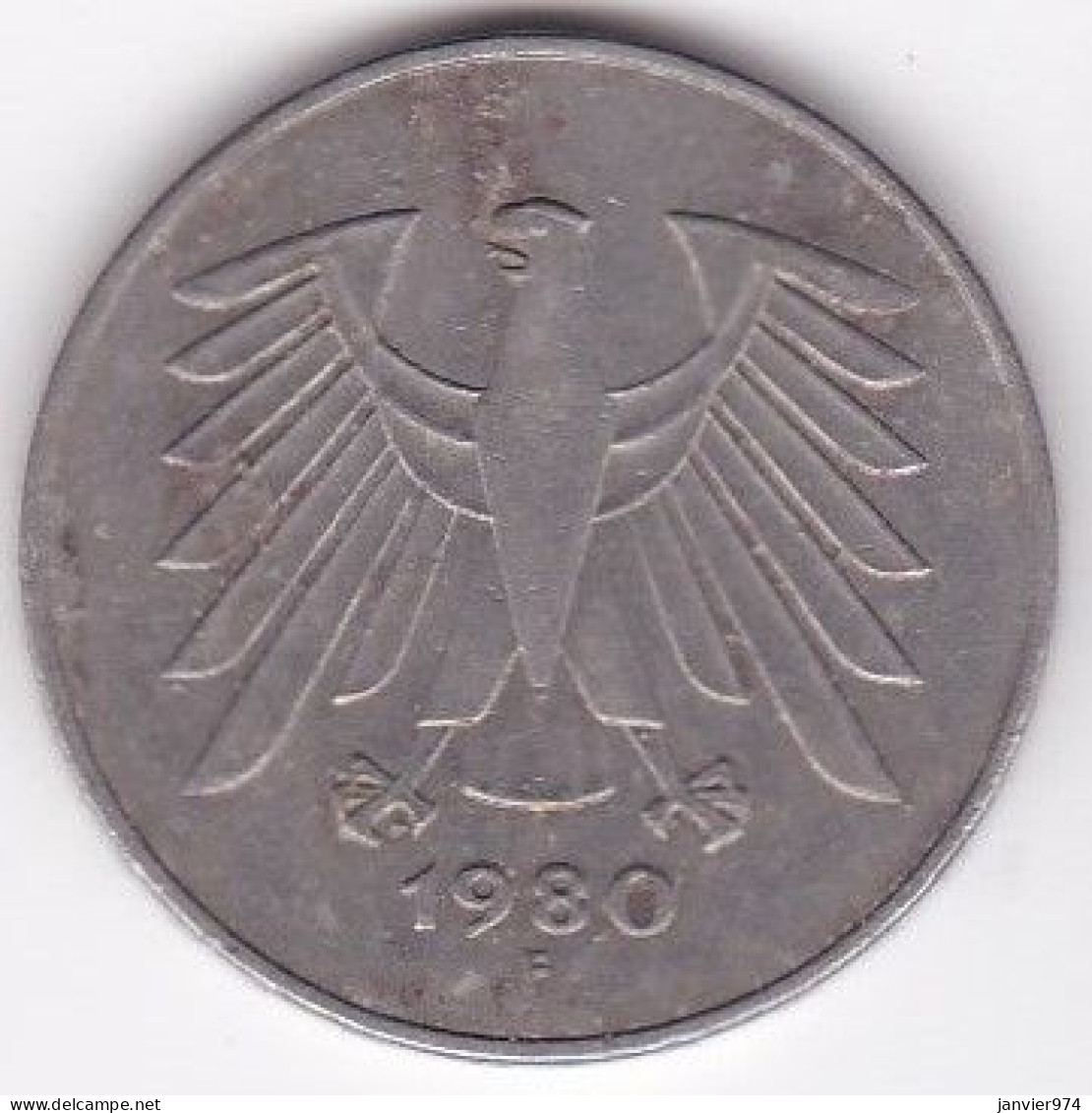 5 Deutsche Mark 1980 F STUTGART . Cupronickel ,KM# 140.1 - 5 Mark
