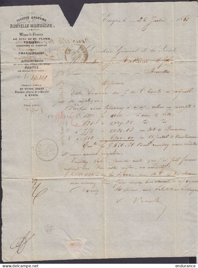 L. "Charbonnages D'Engis - S.a. De La Nouvelle Montagne" Affr. N°18 Lpts "5" Càd AMAY /25 JUIN 1867 Pour BRUXELLES (au D - 1865-1866 Profile Left