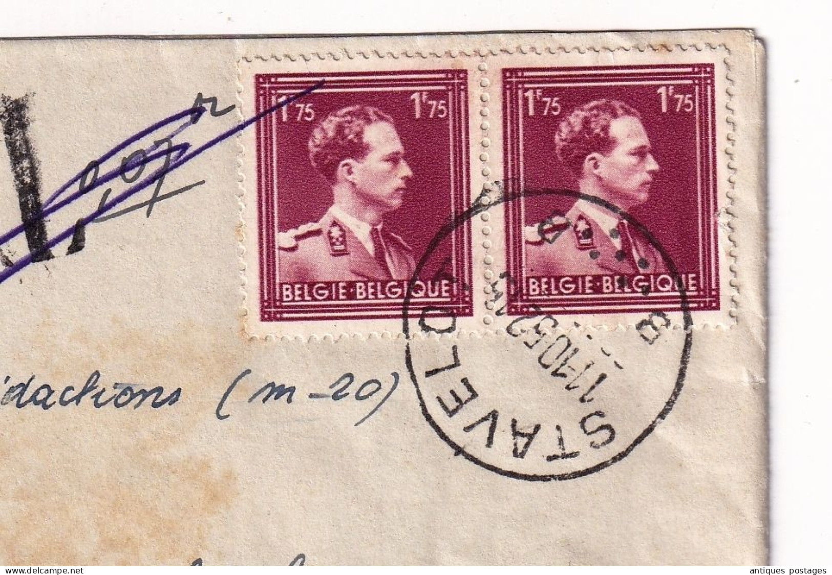 Lettre 1958 Stavelot Belgique Pour Paris Timbres Taxe Paire Timbre Roi Léopold III 1F75 Belge - Covers & Documents