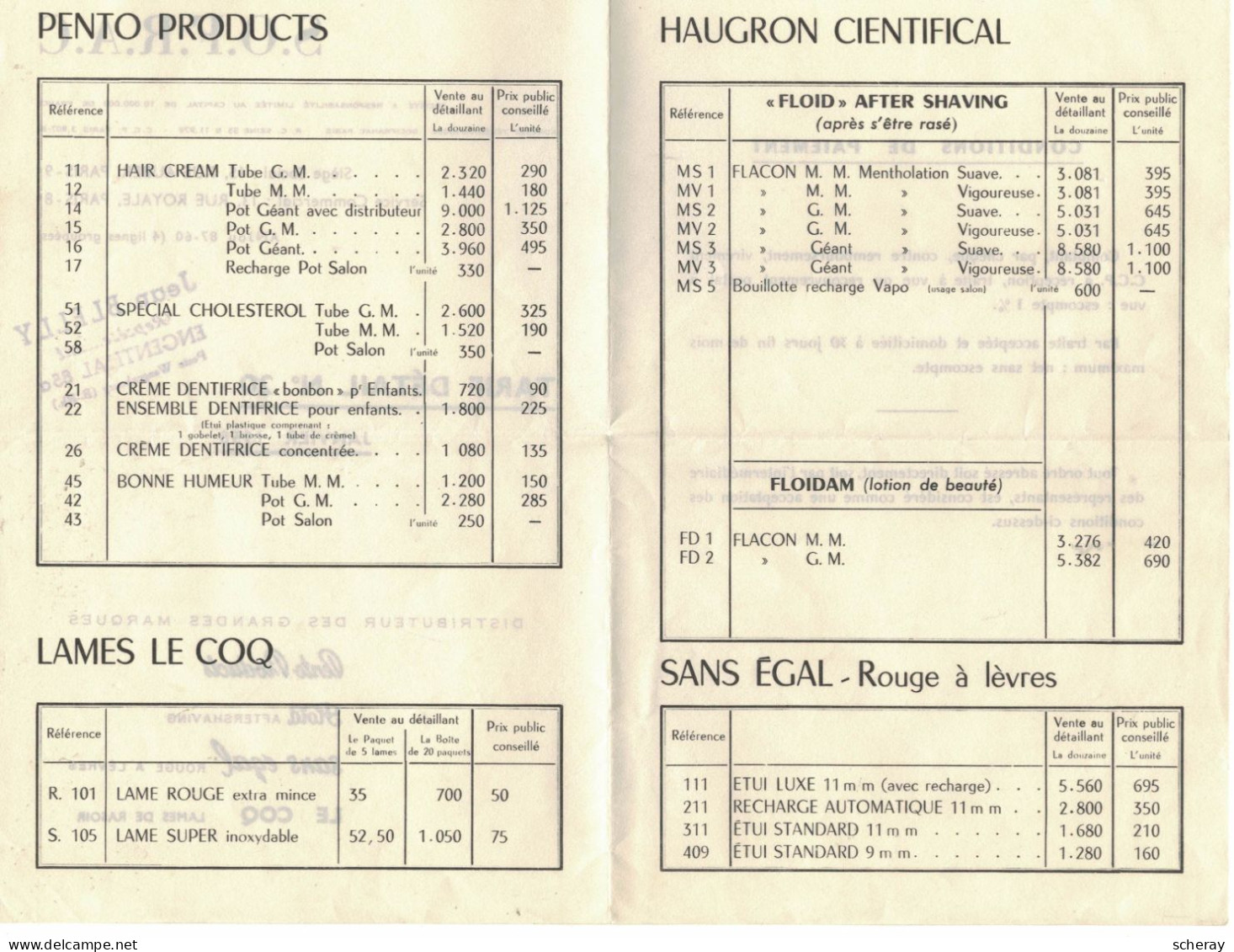 TARIF JANVIER 1958  S.O.F.R.A.C  PENTO PRODUCTS LAMES LE COQ FLOID ( Lot 153 )  Voir ScannIMPECCABLE - Chemist's (drugstore) & Perfumery