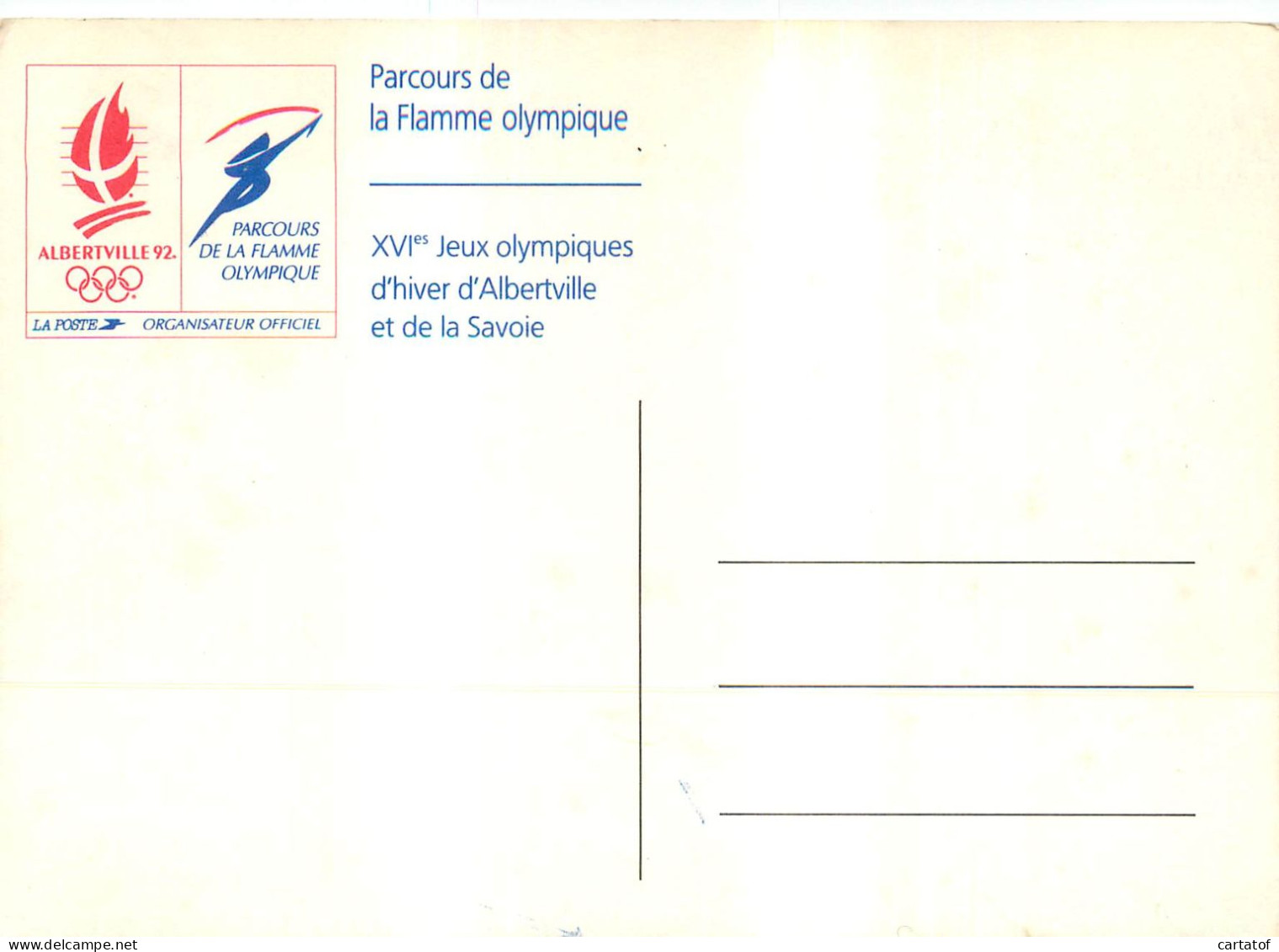 Parcours Flamme Olympique ALBERTVILLE 1992 . CP LA POSTE . Départ Décembre 1991 - Olympic Games