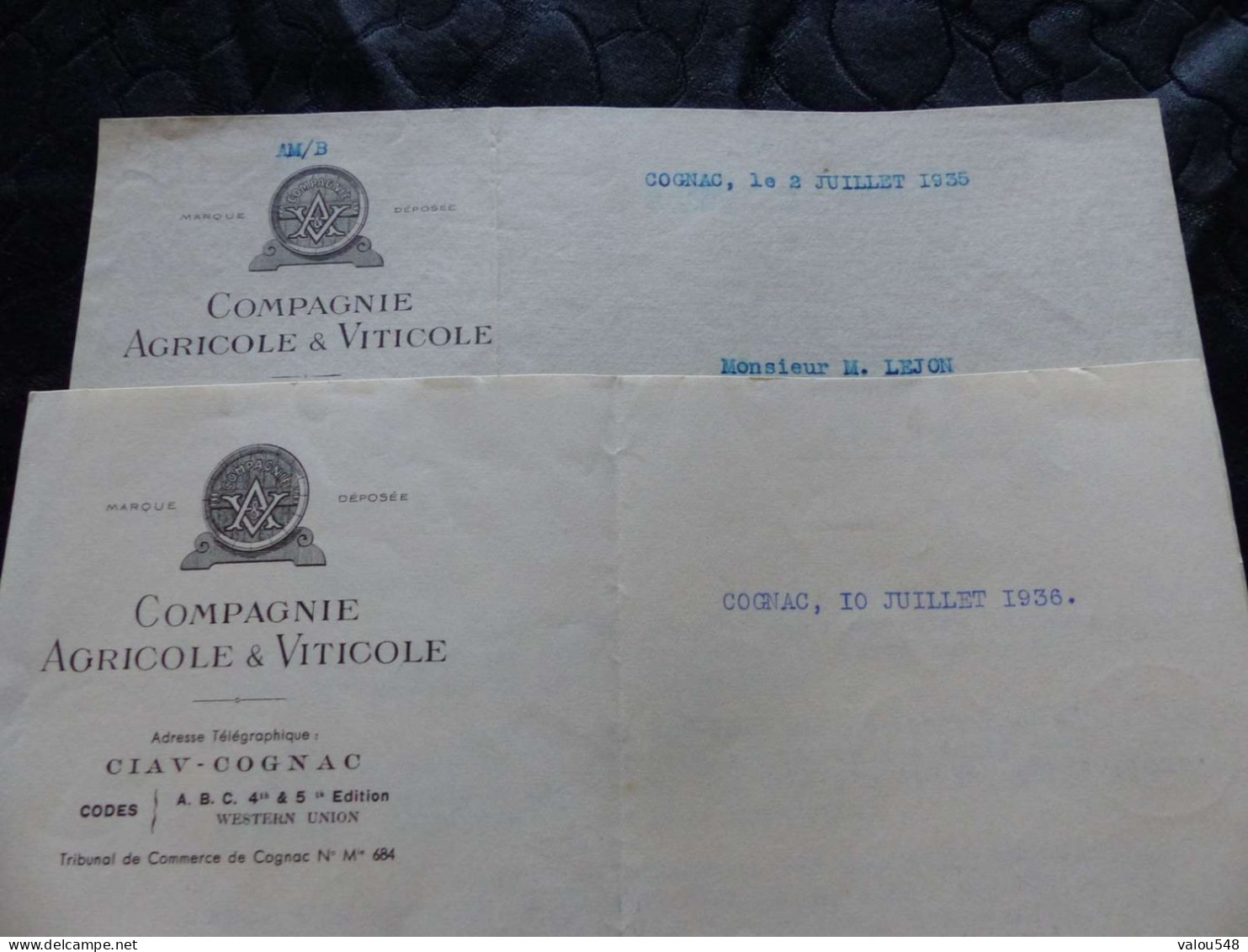 F-266 , 2 Documents, COMPAGNIE AGRICOLE ET VITICOLE Cognac, 1935-36 - Agricoltura