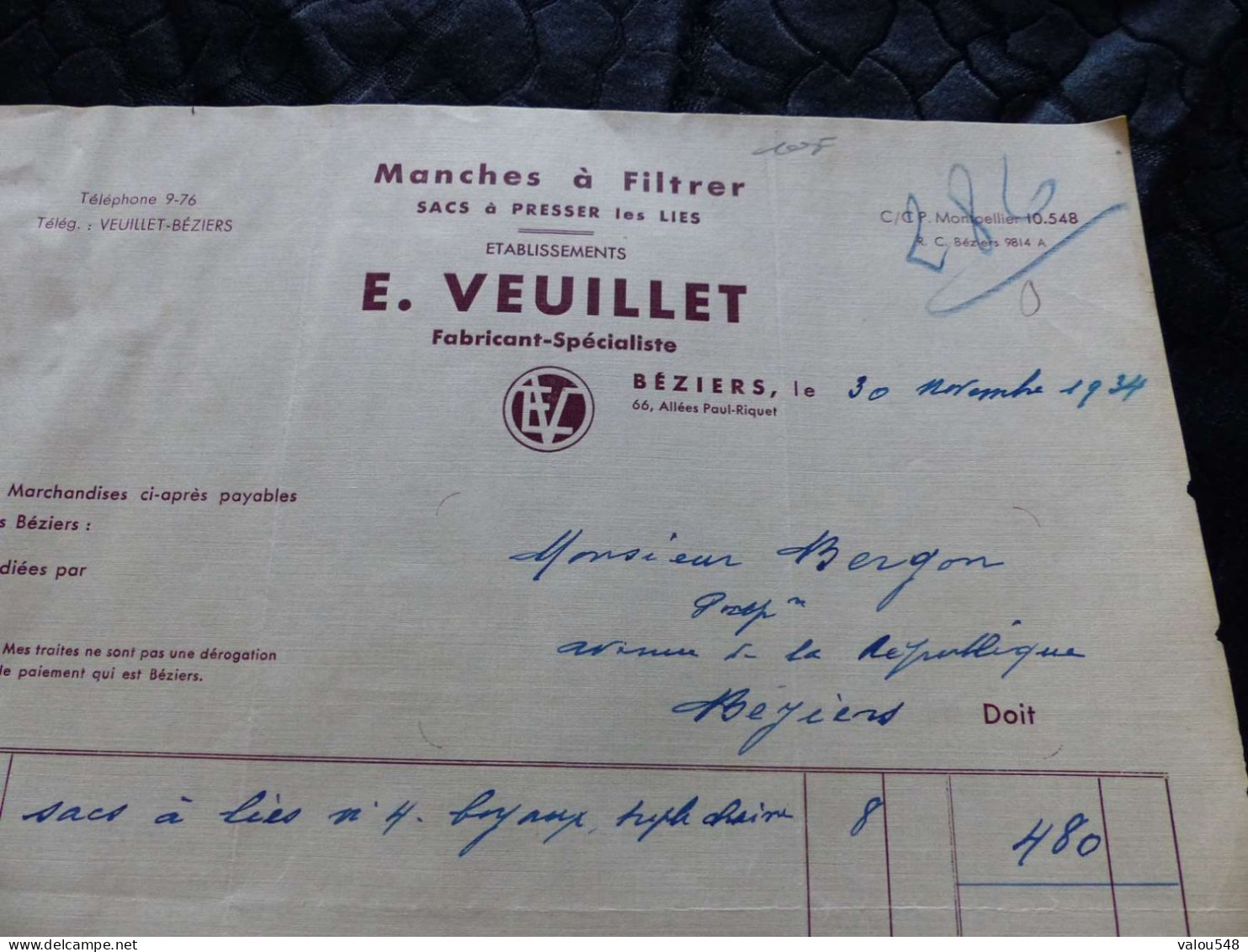 F-294 , BEZIERS , Facture, Manches à Filtrer , Sac à Presser Les Lies , Etablissements E.VEUILLET, 1934 - Landbouw