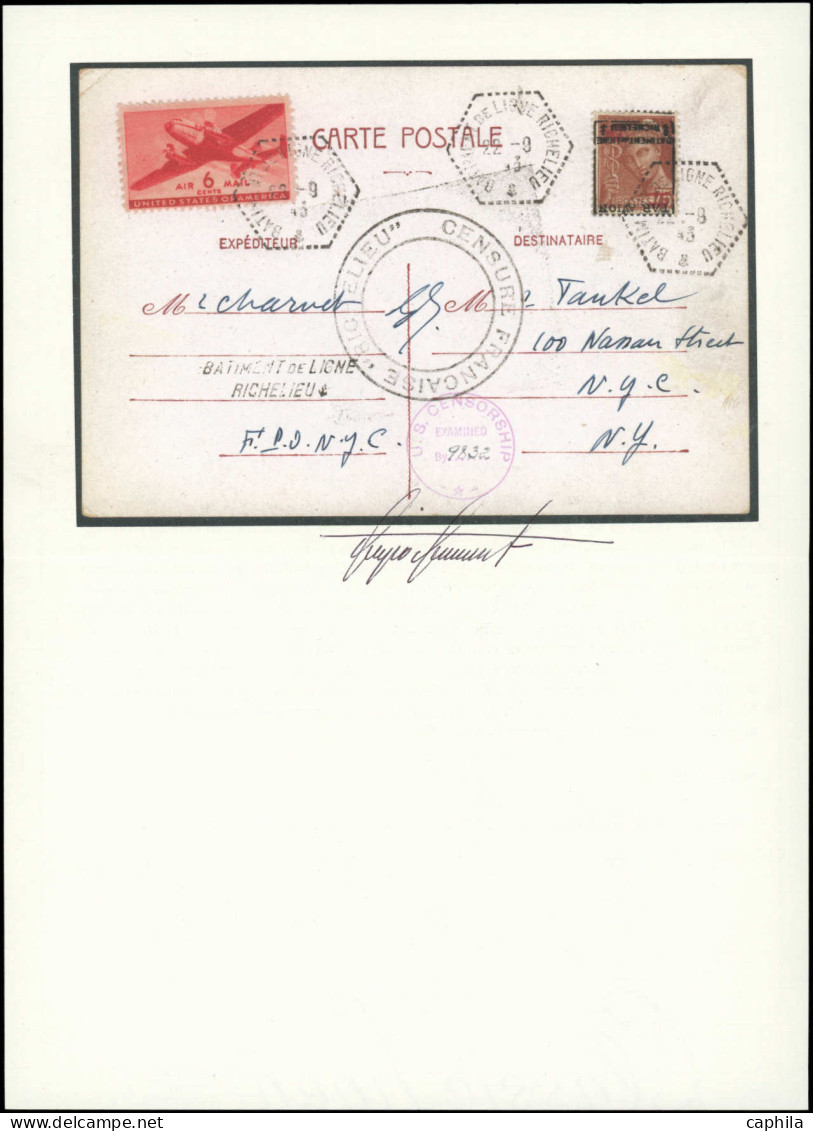 FRANCE PA. Militaire Richelieu CP - 1, Surcharge Renversée Sur CP 22/9/43, Signé Scheller + Certificat - 1927-1959 Covers & Documents