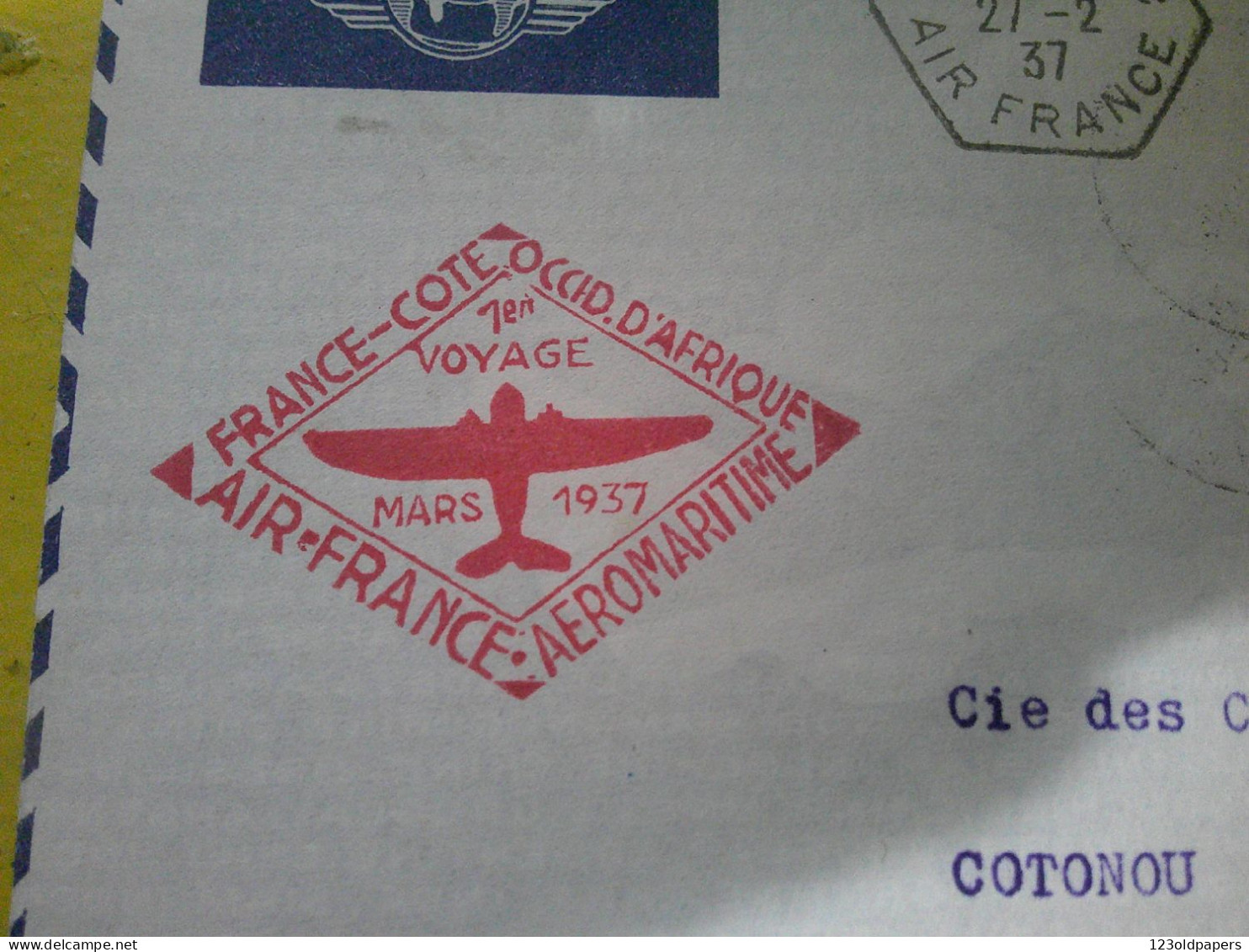 FRANCE LETTRE PAR AVION DEPART PARIS 27-2-1937 POUR LE DAHOMEY COTONOU CACHET AIR FRANCE 1 ER VOYAGE AEROMARITIME - 1927-1959 Cartas & Documentos