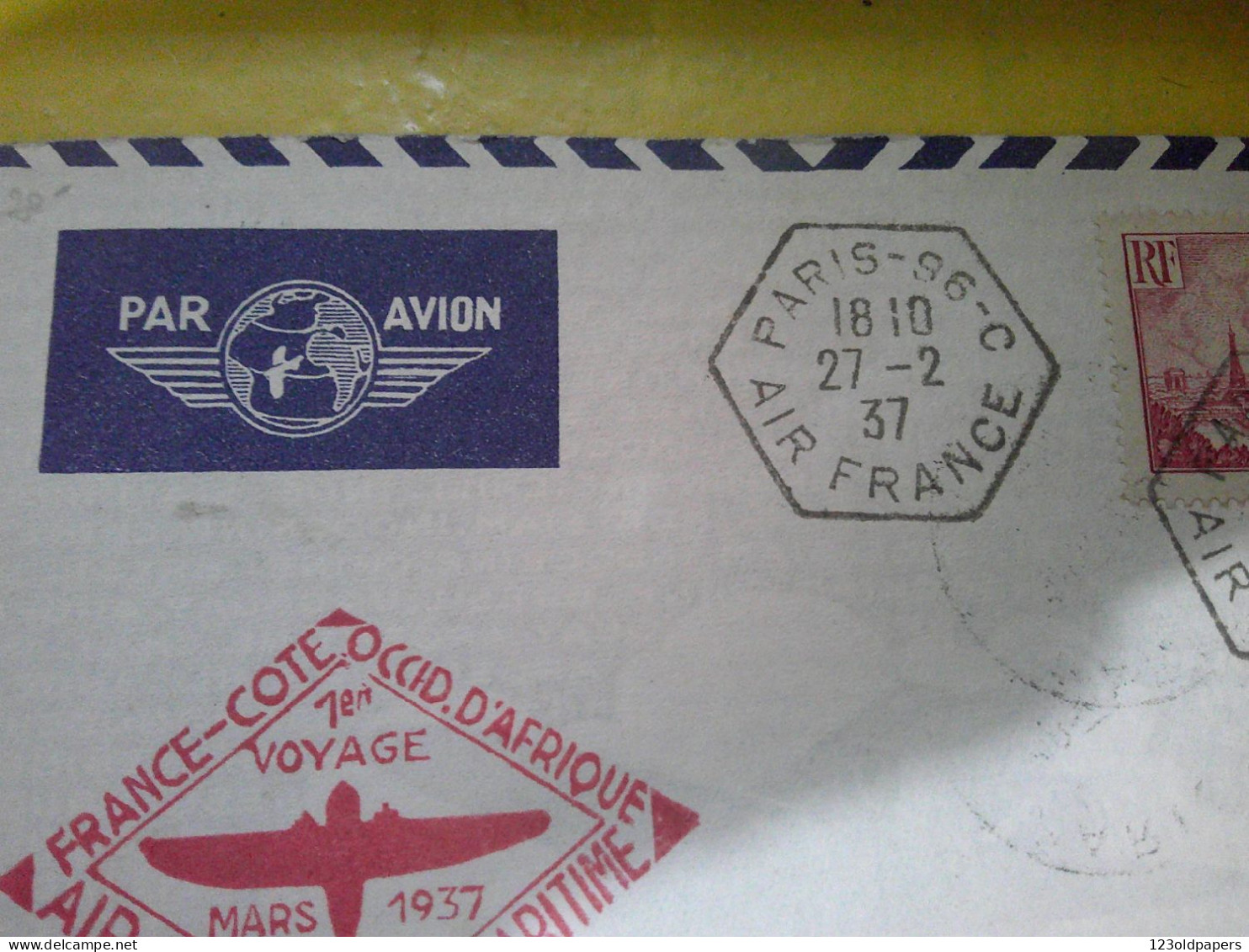 FRANCE LETTRE PAR AVION DEPART PARIS 27-2-1937 POUR LE DAHOMEY COTONOU CACHET AIR FRANCE 1 ER VOYAGE AEROMARITIME - 1927-1959 Cartas & Documentos