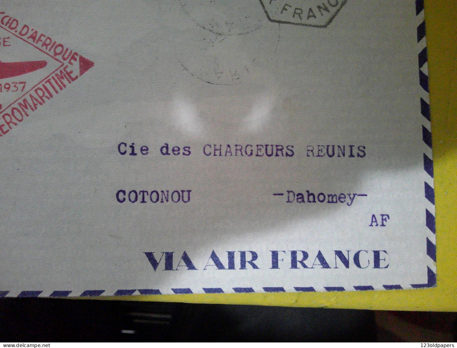 FRANCE LETTRE PAR AVION DEPART PARIS 27-2-1937 POUR LE DAHOMEY COTONOU CACHET AIR FRANCE 1 ER VOYAGE AEROMARITIME