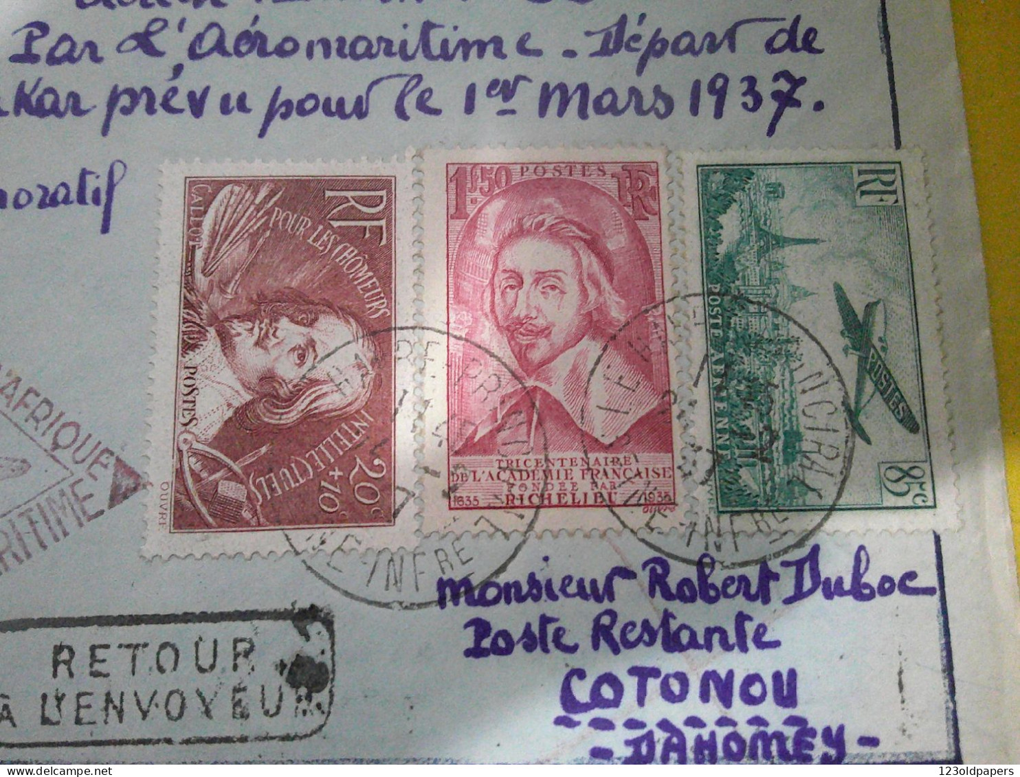 1937 - Enveloppe Par Avion Aéromaritime De Dakar Avion Vers Cotonou - 1er Voyage RETOUR ENVOYEUR LE HAVRE - 1927-1959 Briefe & Dokumente