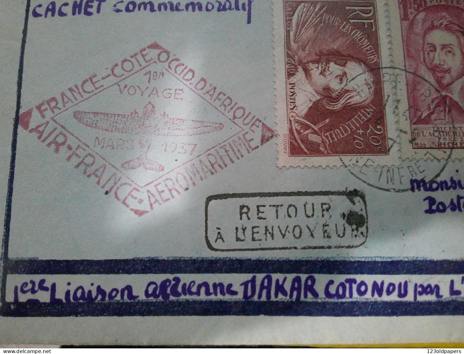 1937 - Enveloppe Par Avion Aéromaritime De Dakar Avion Vers Cotonou - 1er Voyage RETOUR ENVOYEUR LE HAVRE - 1927-1959 Cartas & Documentos