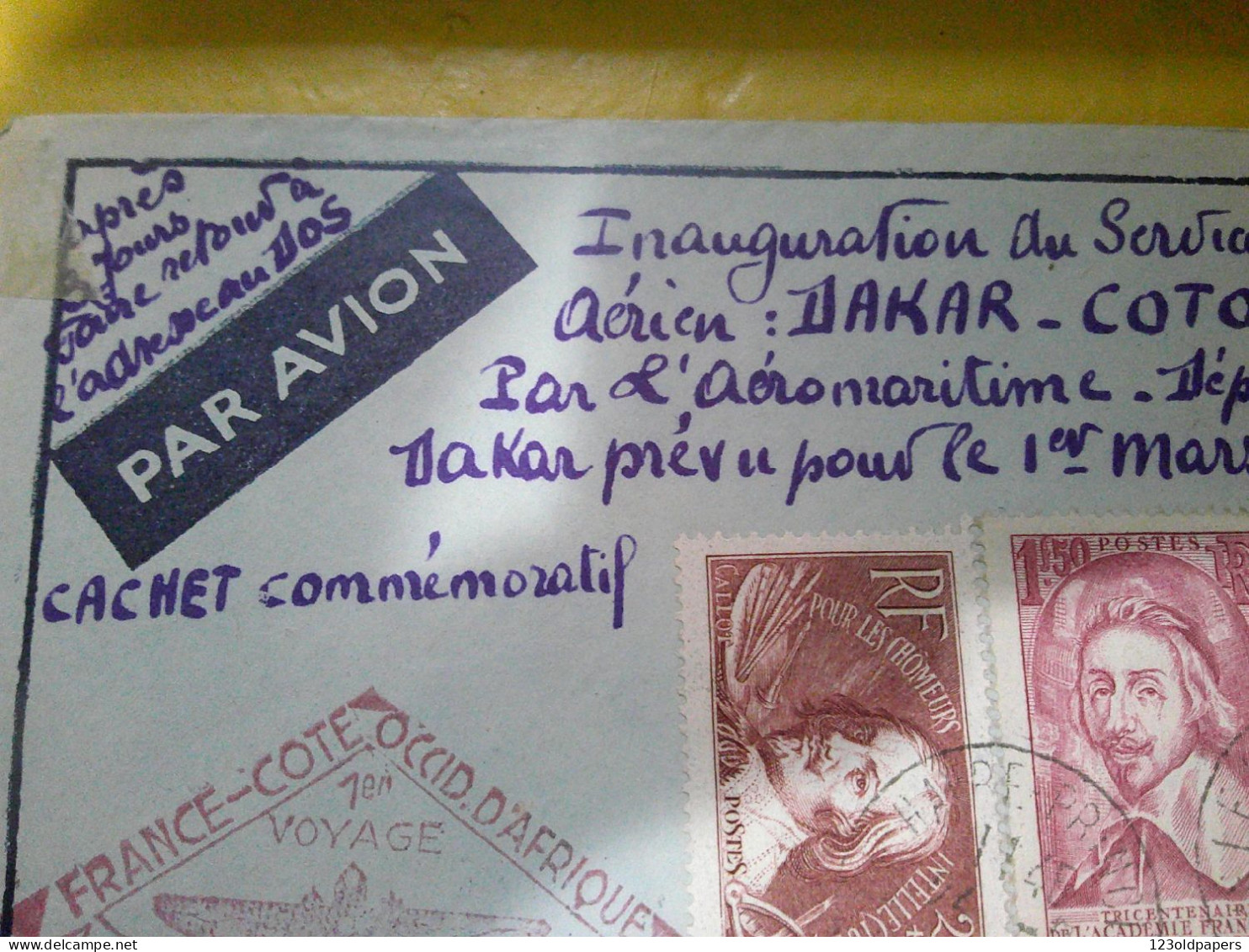 1937 - Enveloppe Par Avion Aéromaritime De Dakar Avion Vers Cotonou - 1er Voyage RETOUR ENVOYEUR LE HAVRE - 1927-1959 Brieven & Documenten