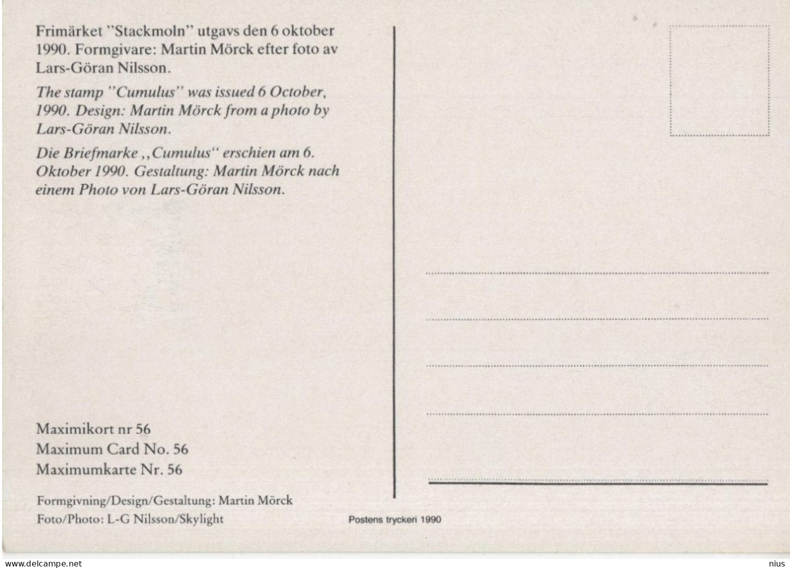Sweden Sverige 1990 Maximum Card, Stockmoln Var Cumulus, Moln Och Vader, Canceled In Norrkoping - Maximumkaarten (CM)