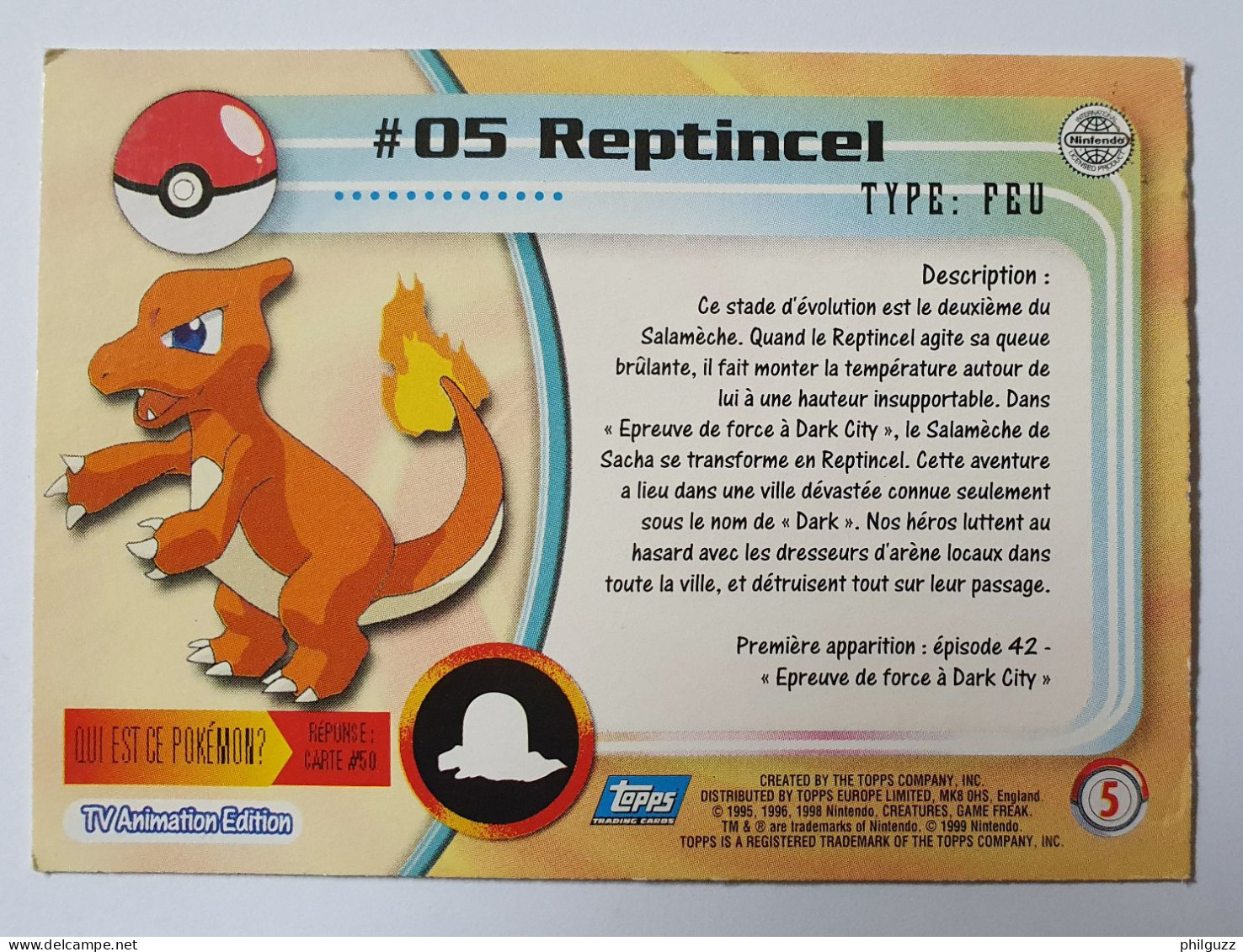 CARTE POKEMON # 05 REPTINCEL TOPPS TV ANIMATION ÉDITION FR - Andere & Zonder Classificatie