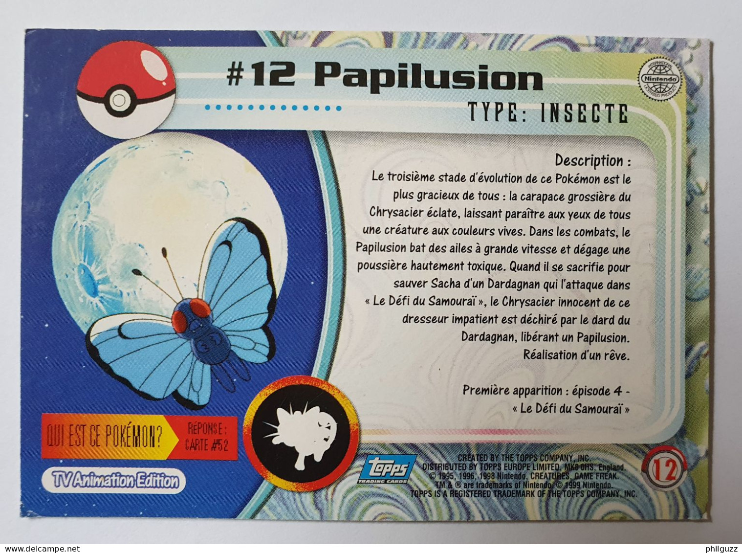 CARTE POKEMON # 12 PAPILUSION TOPPS TV ANIMATION ÉDITION FR - Other & Unclassified